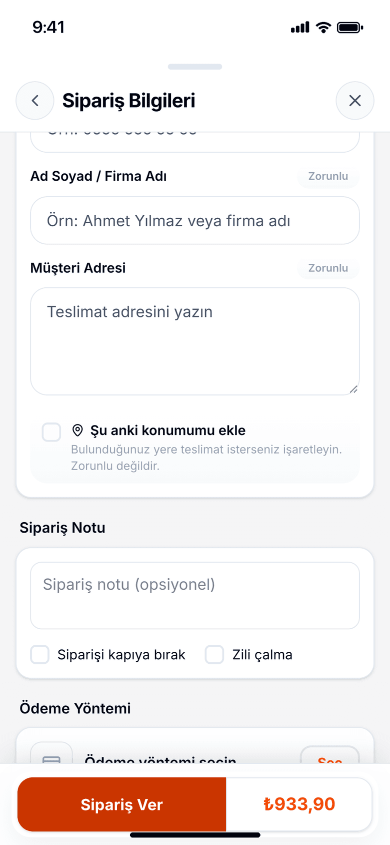Market sipariş ekranında ad, adres ve isteğe bağlı şu anki konumumu ekle seçeneği