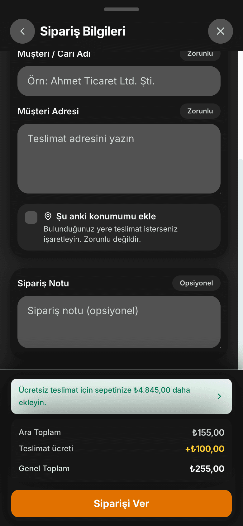 Konum ekleme seçeneği ve sipariş notu alanı
