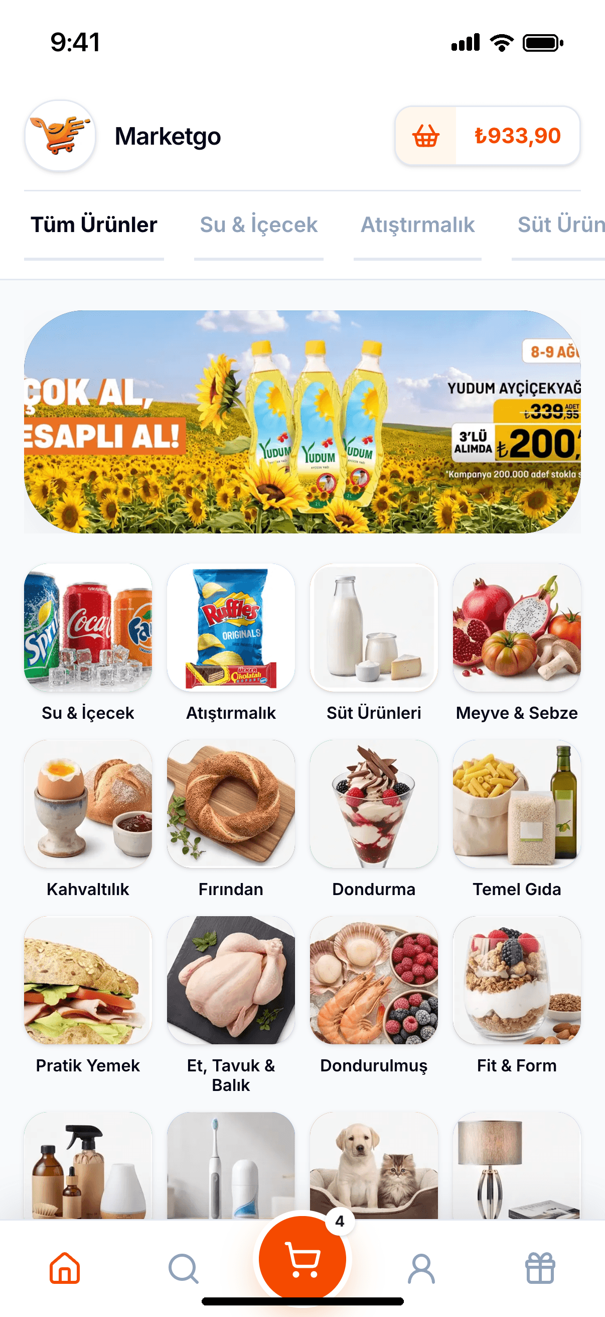 MarketGo mobil kataloğu: sağ üstte sepet tutarı, görselli kategoriler ve altta Ana sayfa, Arama, Sepet, Hesabım, Kampanyalar menüsü