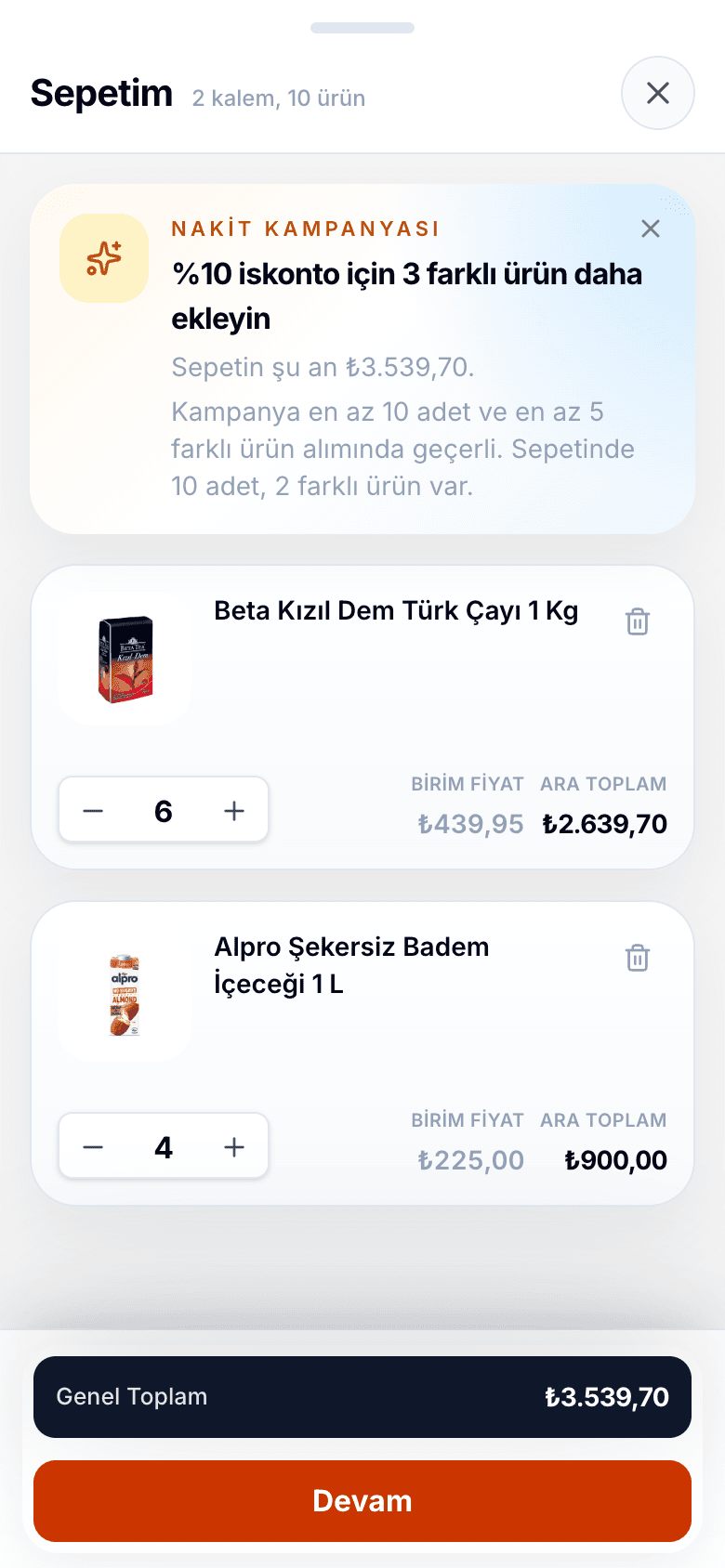 Sepette kampanya için kaç farklı ürün eklenmesi gerektiğini gösteren kart