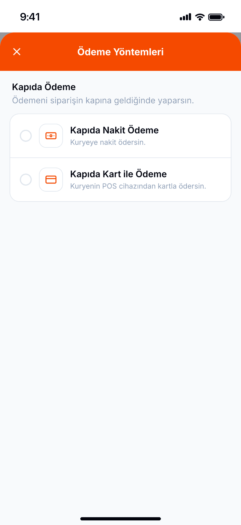 Ödeme yöntemleri: kapıda nakit ödeme ve kapıda kart ile ödeme