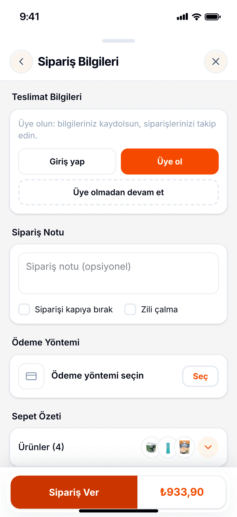 Market sipariş ekranı: teslimat bilgileri, sipariş notu seçenekleri, ödeme yöntemi ve Sipariş Ver tutarı