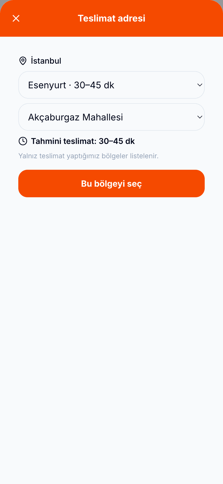 Mağazada müşterinin ilçe ve mahallesini listeden seçtiği teslimat bölgesi ekranı