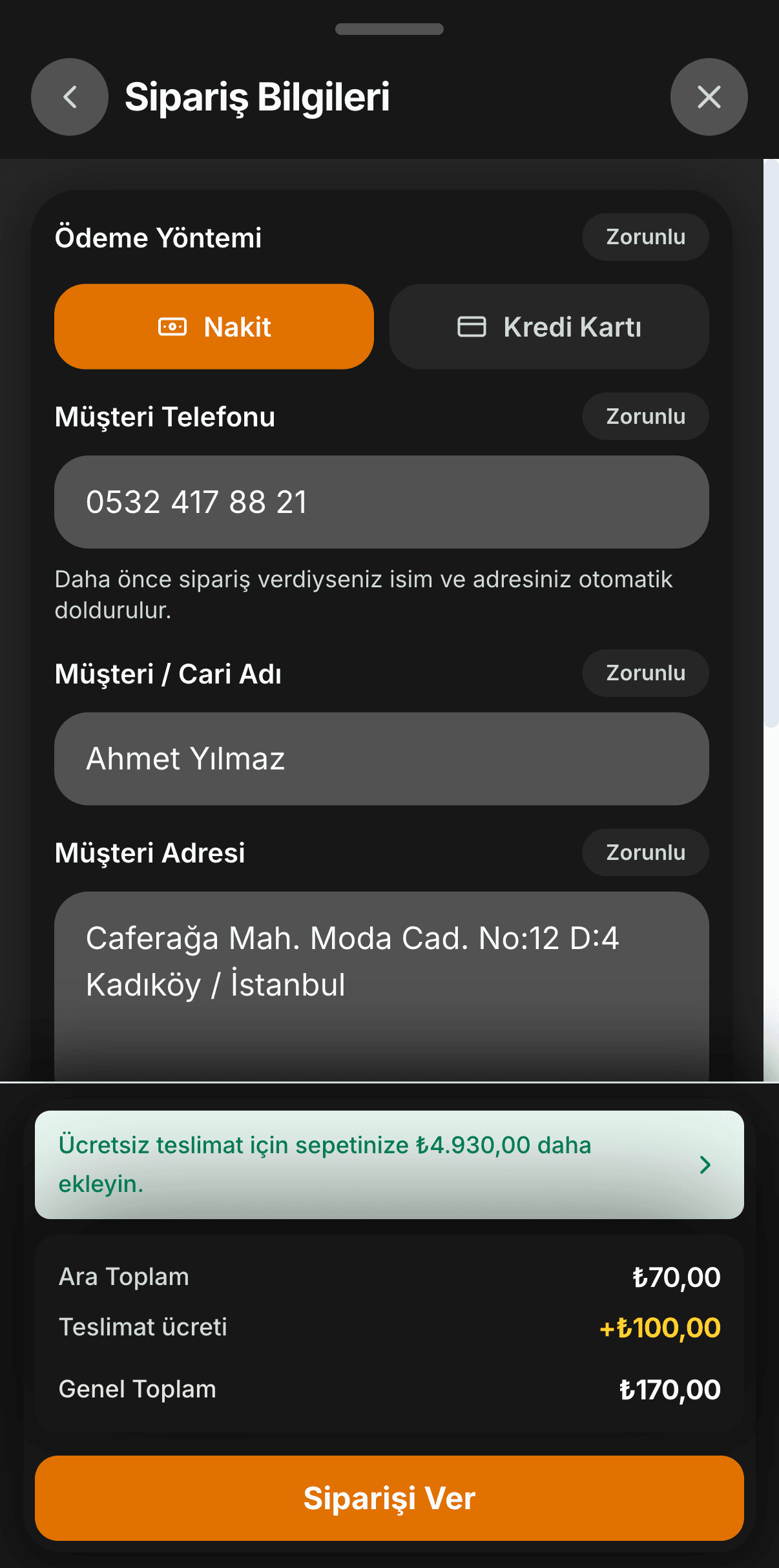 Sipariş bilgileri formu
