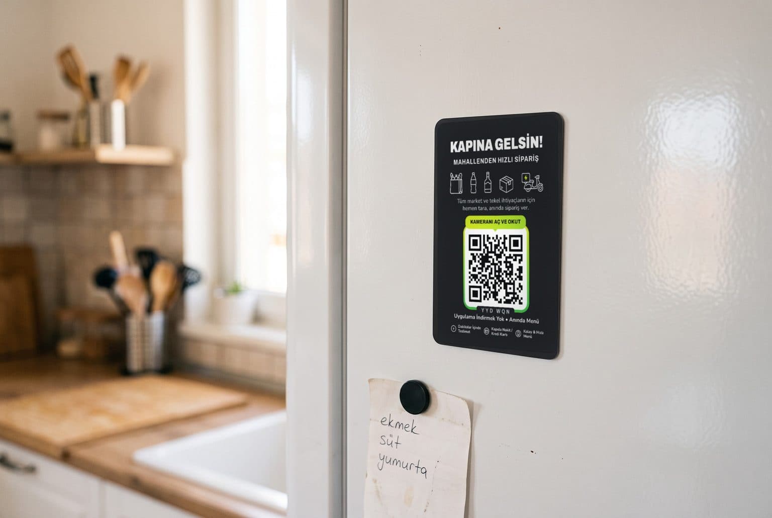 Buzdolabı kapağına yapışık 6 × 9 cm QR kodlu market magneti: Kapına Gelsin, kameranı aç ve okut