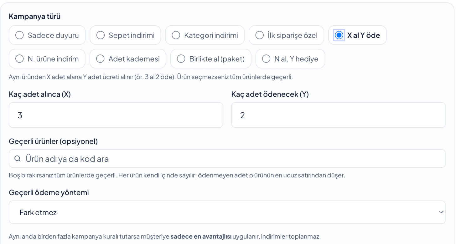 X al Y öde, N. ürüne indirim, adet kademesi ve birlikte al kampanya türleri