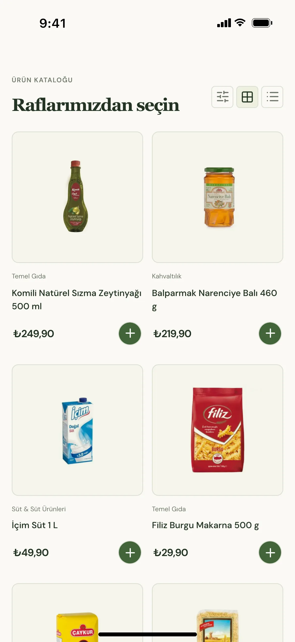 Excel'den yüklenmiş ürünlerin online katalog görünümü