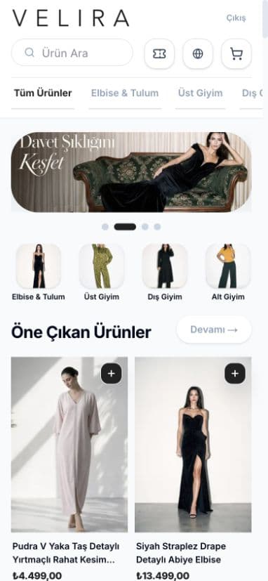 VELIRA giyim demosunun gerçek mobil ekranı: kategori menüsü, öne çıkan elbiseler ve sepete ekleme düğmeleri