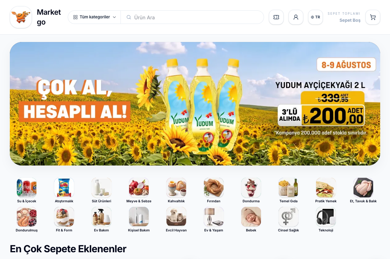 MarketGo market teması: kampanya bannerı, görselli kategoriler ve sepet